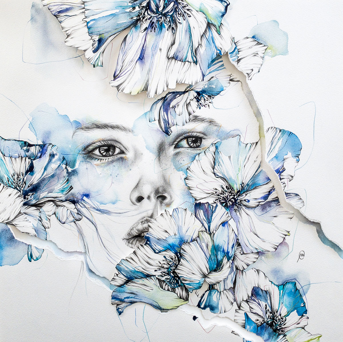 un visage cache derriere des fleurs